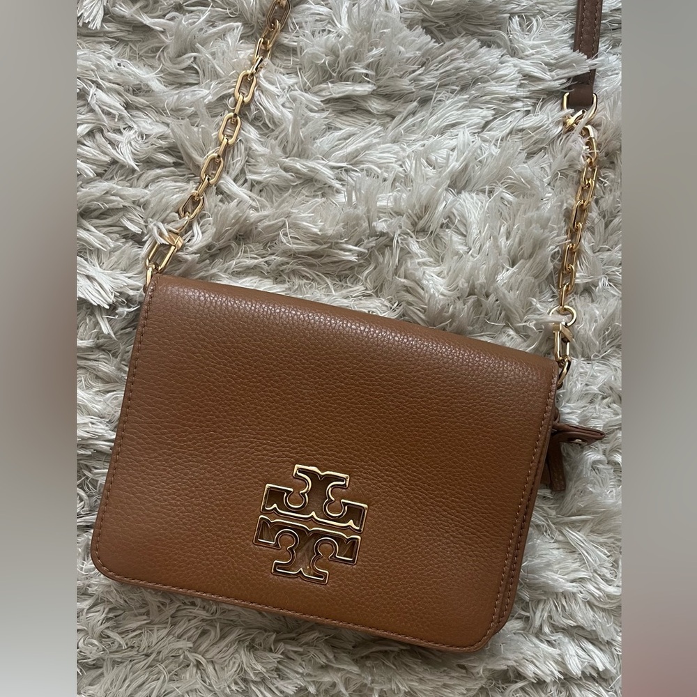 Tory Burch Brown Pebbled Leather Adjustable Crossbody with Gold Logo / Hardware